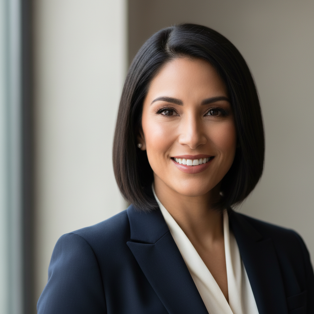 Professional woman with dark hair in business attire smiling confidently