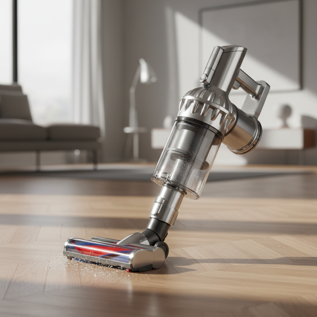 Cleaner vacuuming living room carpet with modern vacuum